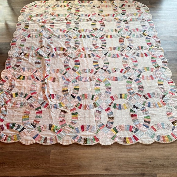 Vintage Quilt Wedding Ring Handstitched‎ Pieced 82X70" Quilted Patchwork - Picture 1 of 13